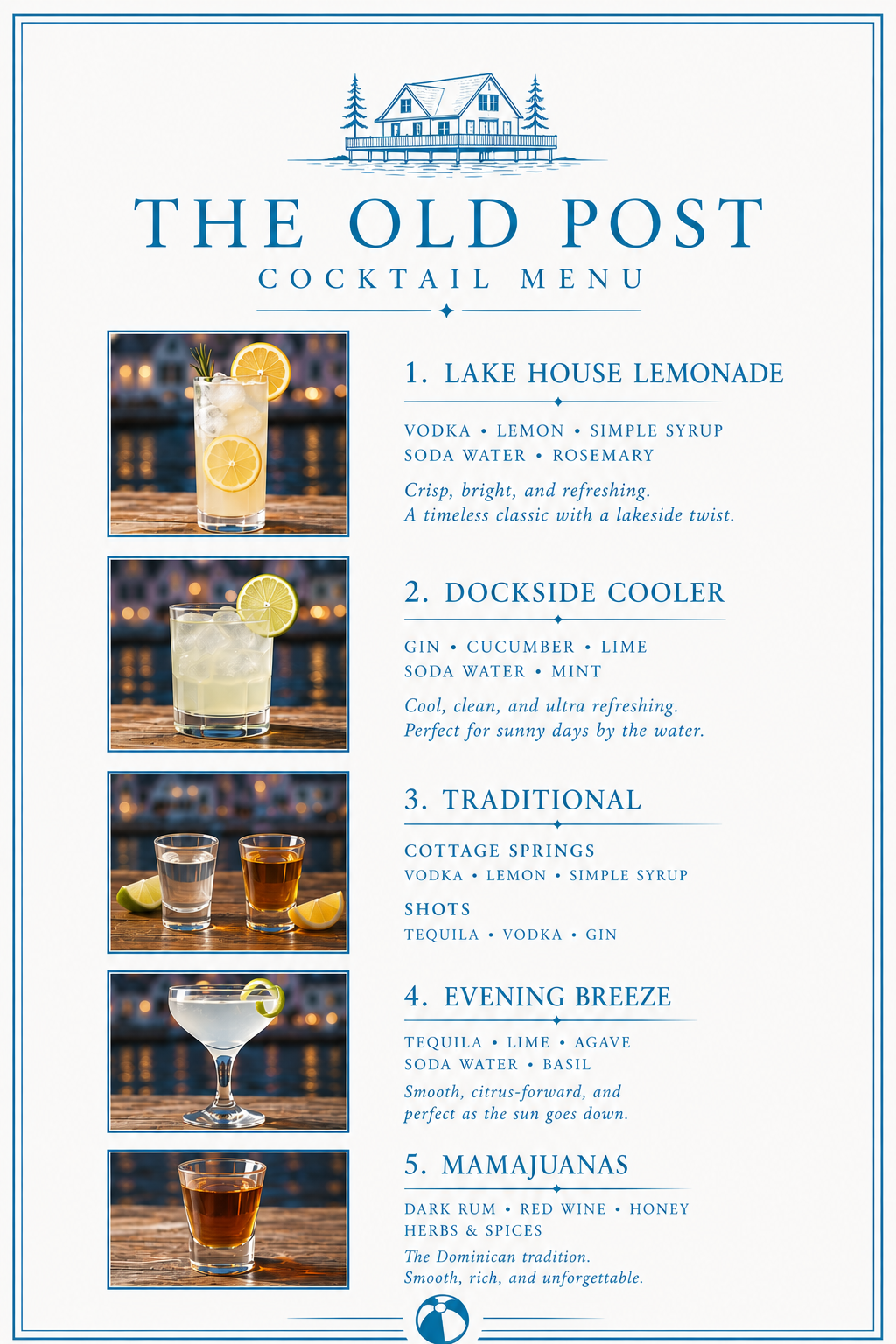 The Old Post cocktail menu — five signature cocktails